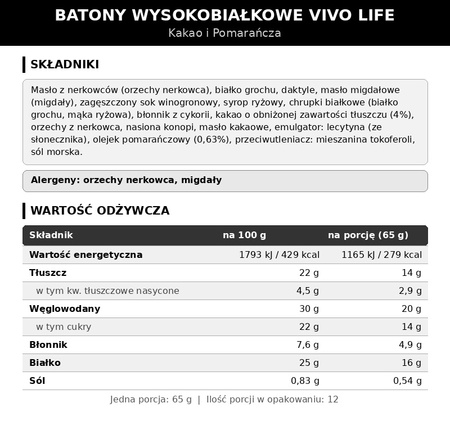 Wegański baton wysokobiałkowy Vivo Life - kakao i pomarańcza (65g)